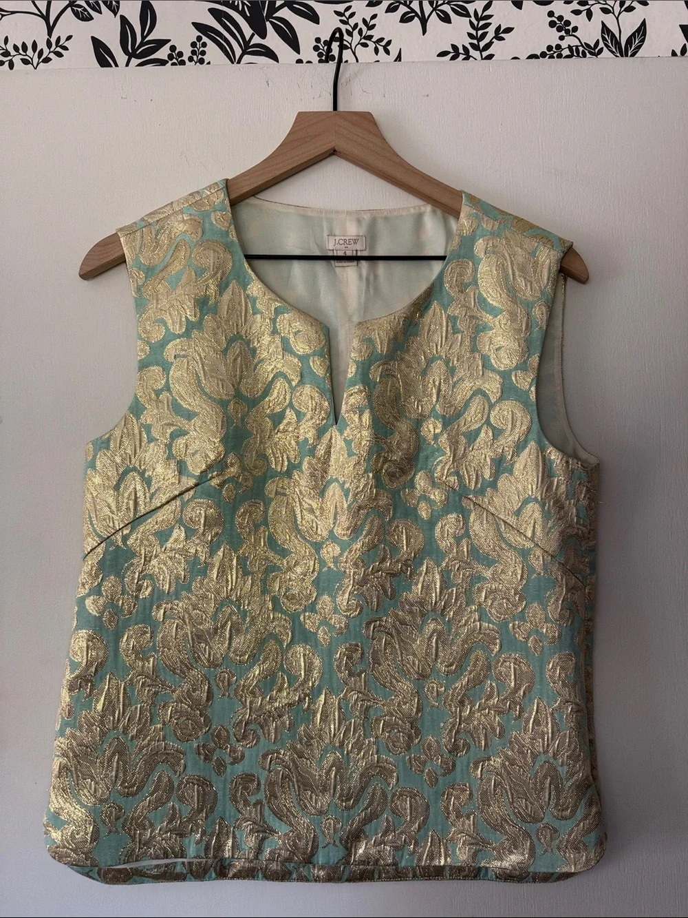 J. Crew Aqua and Metallic Gold Brocade Sleeveless Top